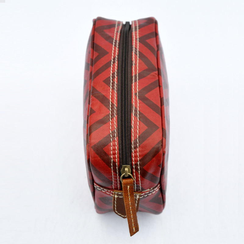 Red toiletry bag, chevron print, laminated bag, make up or cosmetic handbag, utility pouch