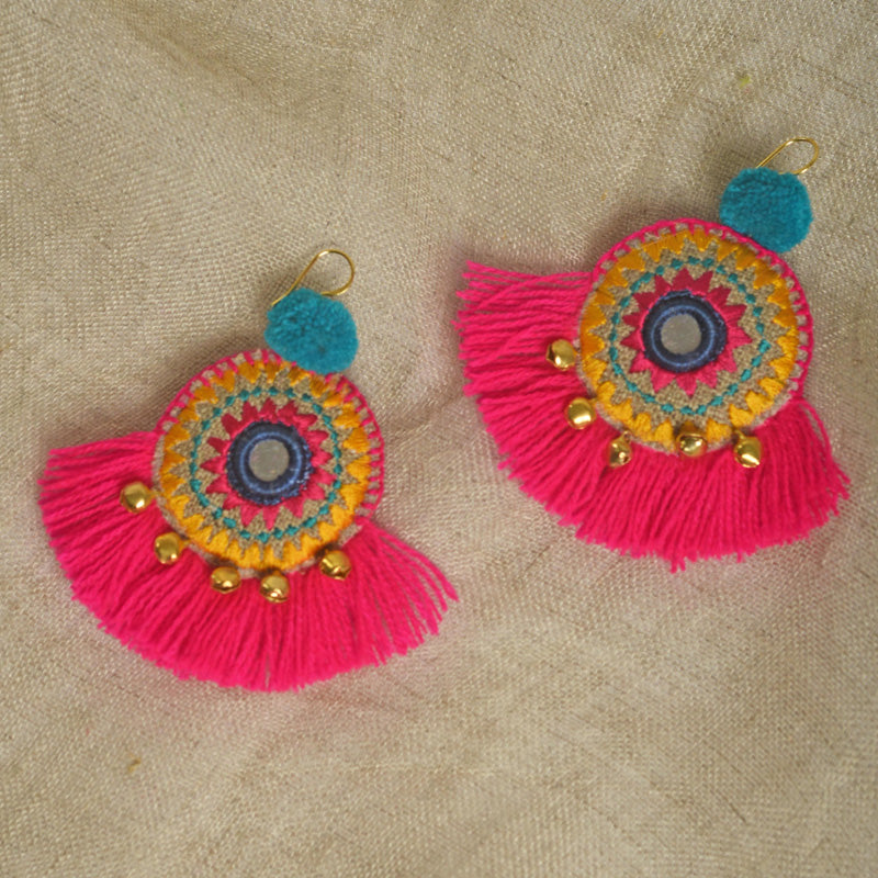 Fringe earrings, Mandala jewelry, pink fringe, multicolour, Boho jewelry