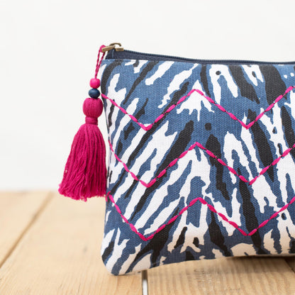 Shibori pouch, indigo clutch, zipper purse, make up or cosmetic handbag, utility pouch