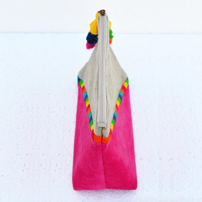 Fuschia Boho pouch, colour block, linen velvet bag, clutch bag, embroidered