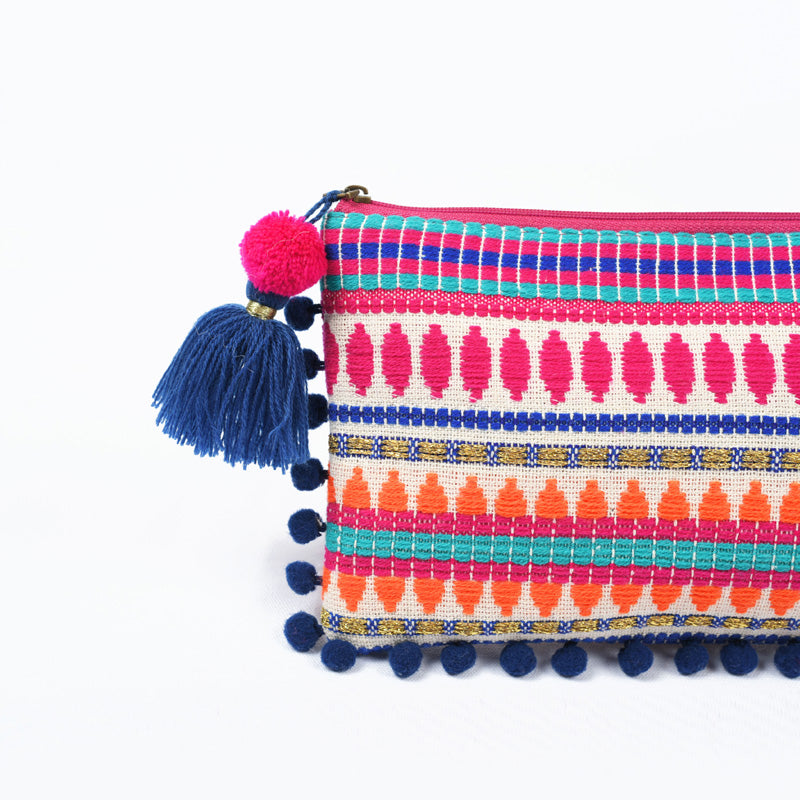 Boho multicolour pouch, Moroccan clutch with pompom lace