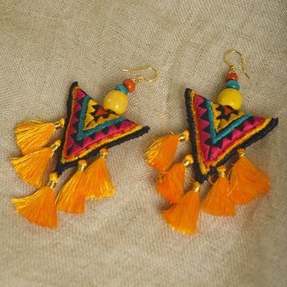 Tribal earrings, bohemian jewelry, multicolour earrings, threader earrings, textile jewelry, tassel earrings