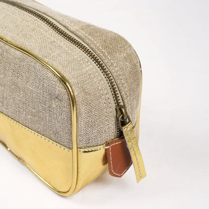 Toiletry bag, makeup bag, gold, faux leather, linen, make up handbag, cosmetic bag
