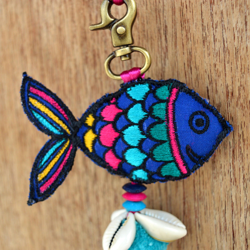 Fish tassel, multicolour and handmade, boho bag charm, tribal, bohemian, size 6 inches or 15 cms