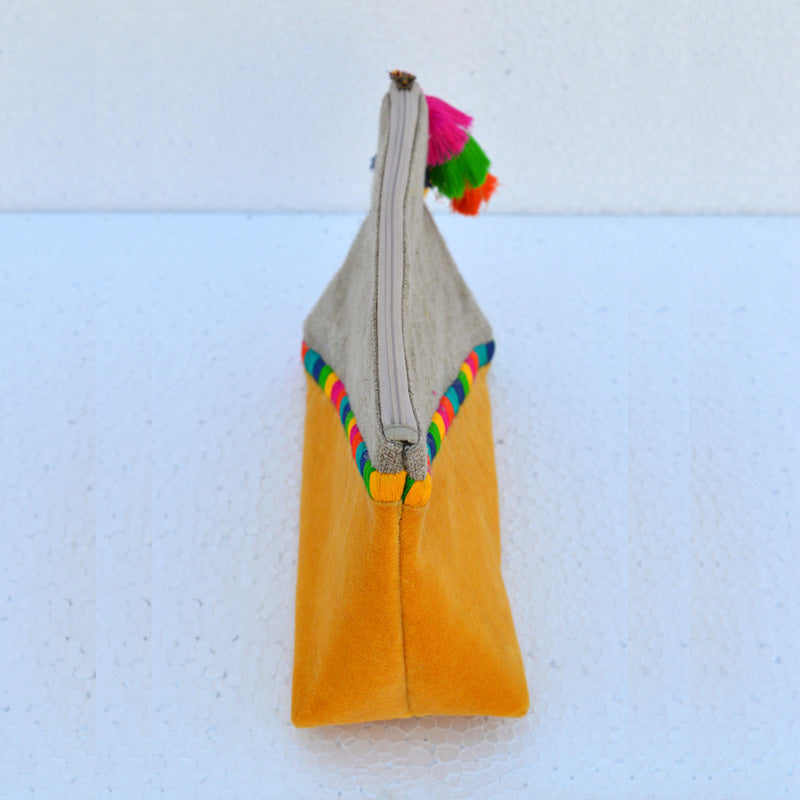 Yellow Boho pouch, colour block, linen velvet handbag, clutch bag,
