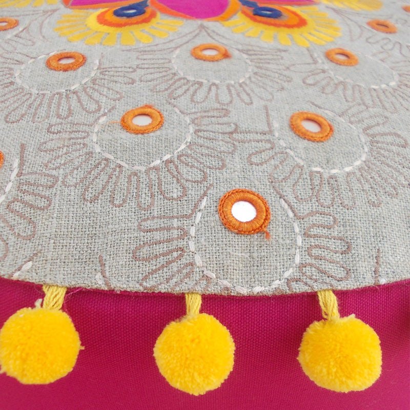 Pouf cover, linen, cotton, multicolor embroidery, tribal, bohemian, ottoman cover, pompoms, Indian craft, 22X12 inches