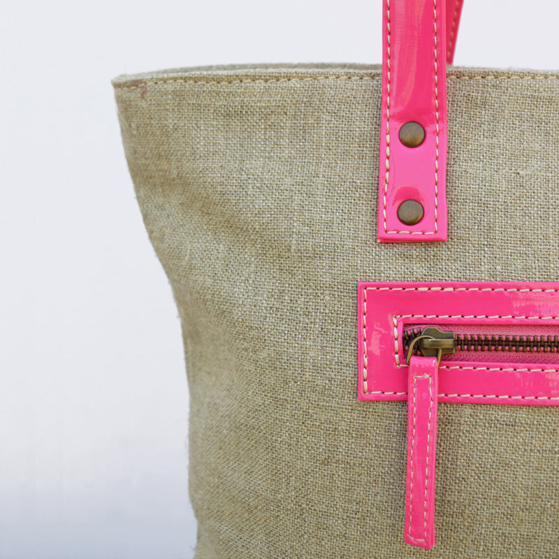 Tote bag, natural linen with hot pink faux leather, classic everyday bag