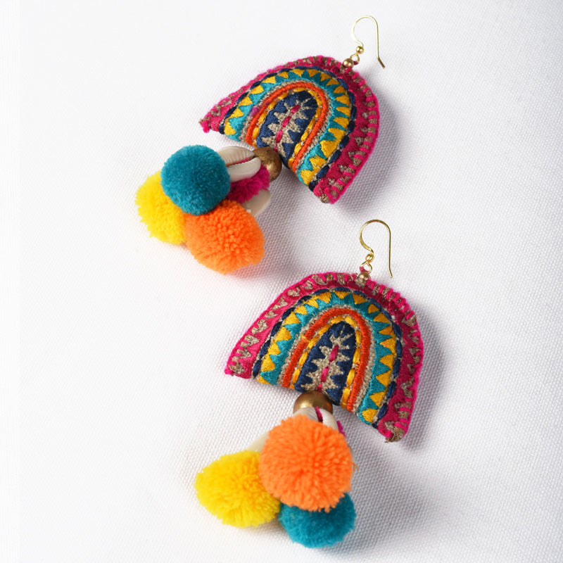 Bohemian earring, fan shape dangles, multicolor, tribal jewelry, threader earring, pompom earrings
