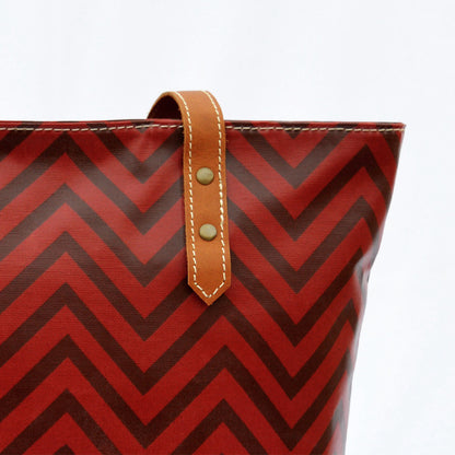Red Tote bag, laminated cotton, chevron print, sheen finish, leather handles