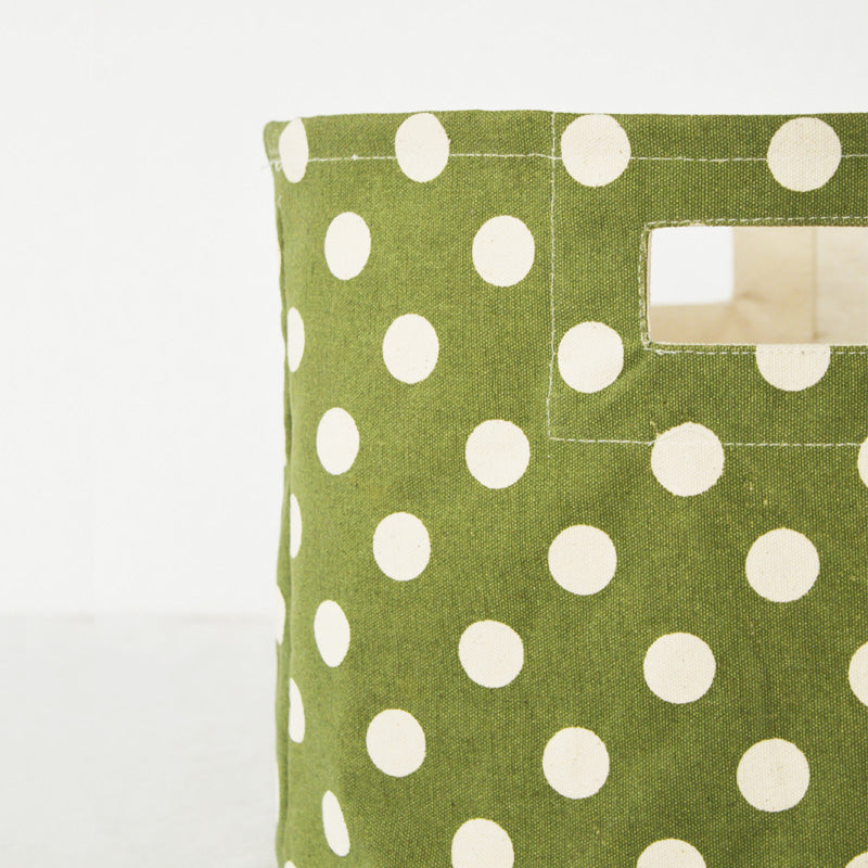 Canvas basket, polka dot print, green and off white, storage basket