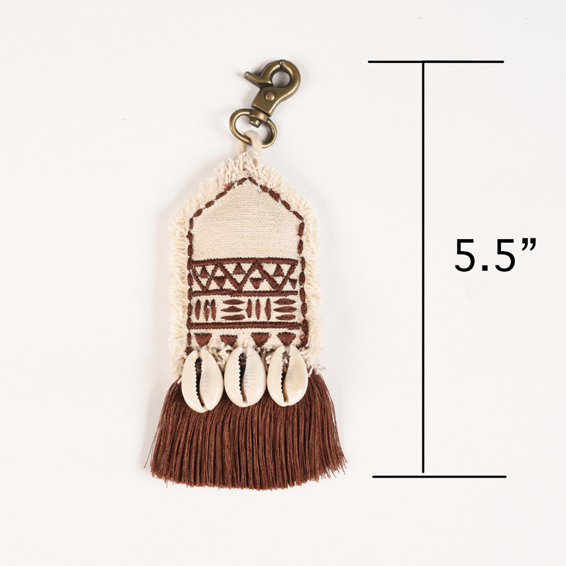 Tribal tassel, handmade, boho bag charm, gypsy charm with cowrie