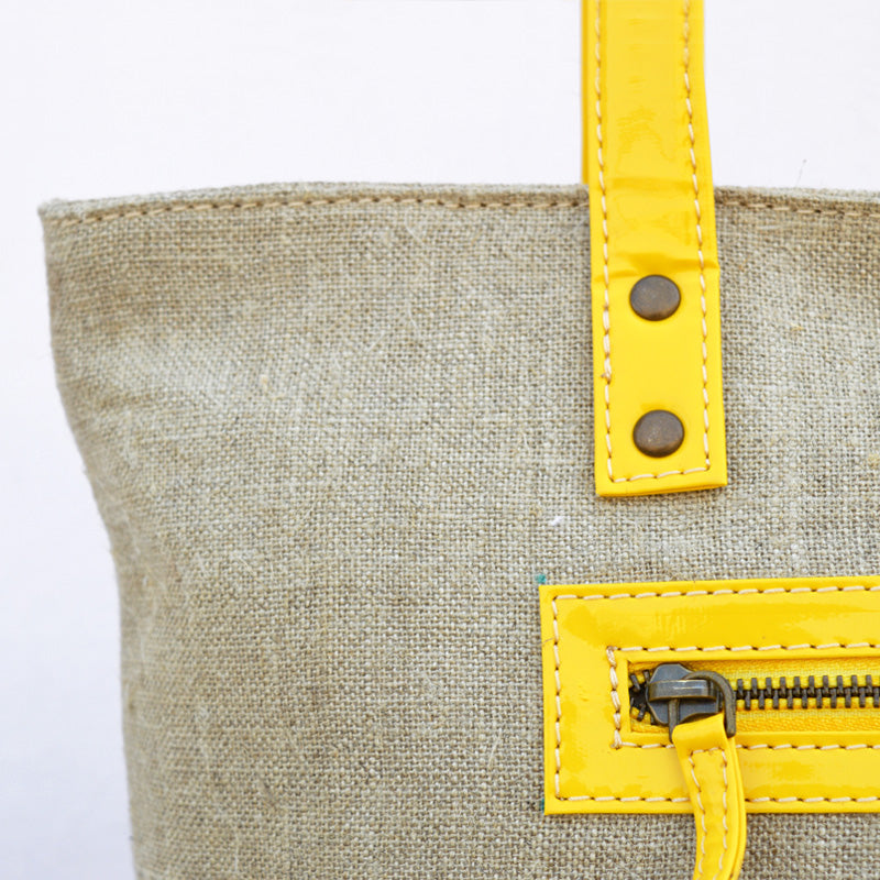 Tote bag, natural linen with yellow faux leather, classic everyday bag