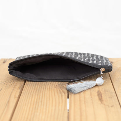 Charcoal pouch, stone washed fabric, bridesmaid purse, silver sequin handbag