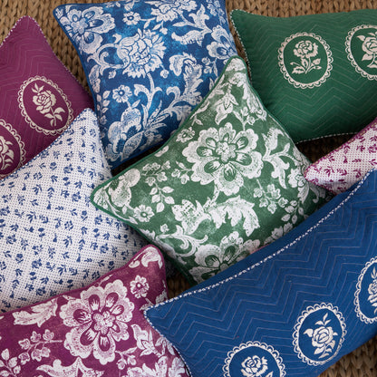 Indigo Dominoterie Bold Floral Print Cotton Cushion Cover | 16", 18", 20" & 24" | Zip Closure