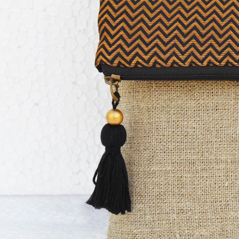 Boho linen pouch, brocade bag, black and gold, chevron pattern