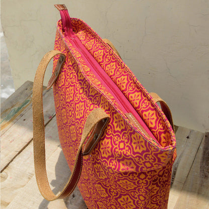 Tote bag, laminated cotton, Orange and pink bag, retro print, leather trims