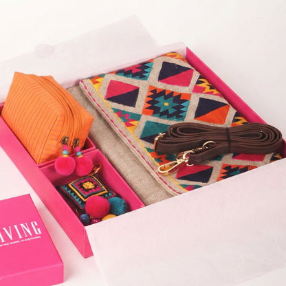 3 PC Gift Pack – Kilim Embroidery Sling Bag, Faux Silk Coin Pouch & Embroidered Keyring