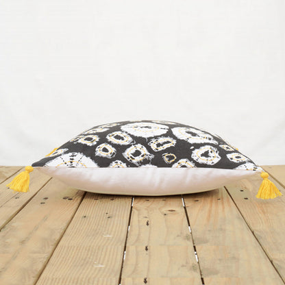 Shibori diamond pillow cover, grey print,bright yellow tassels cushion cover