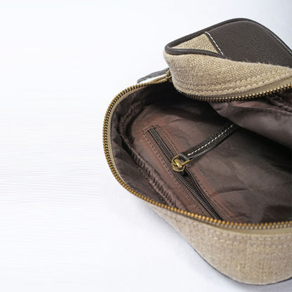 Toiletry bag, makeup handbag, dark brown, linen, faux leather, make up bag, cosmetic bag