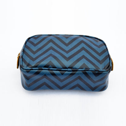 Blue toiletry handbag, chevron print, laminated bag, make up or cosmetic bag, utility pouch