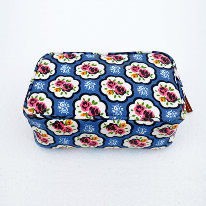 Blue toiletry handbag, rose print, shabby chic, laminated bag, make up or cosmetic bag, utility pouch.