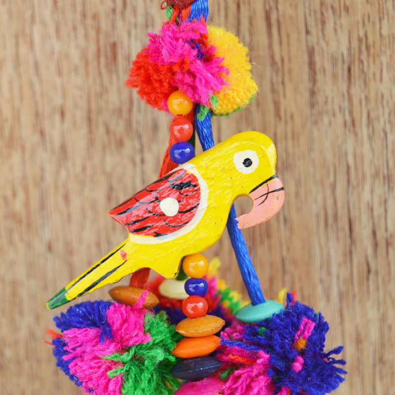 Multicolor tassel, parrot and pompom, handmade, boho bag charm, tribal, bohemian, moroccan size 5&quot; or 12.5 cms