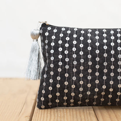 Charcoal pouch, stone washed fabric, bridesmaid purse, silver sequin handbag