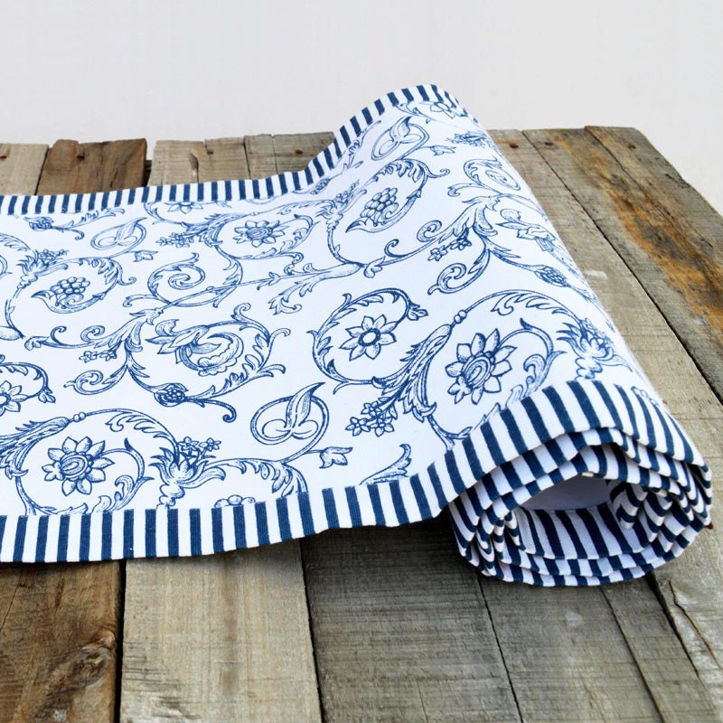 Blue runner, swirl print, blue stripe border, cotton table runner, victorian pattern, sizes available