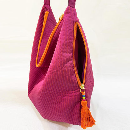 Faux Silk quilted HOBO Bag, Hot pink, hand embroidered handle, Gift for her