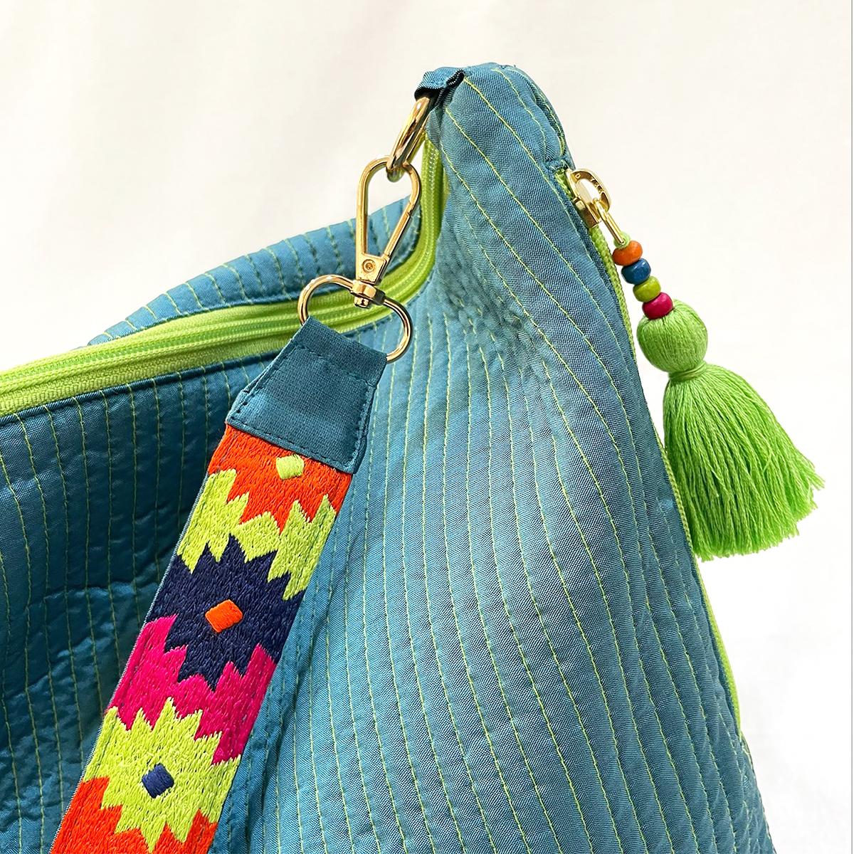 Faux Silk quilted HOBO Bag, Turquoise, hand embroidered handle, Gift for her