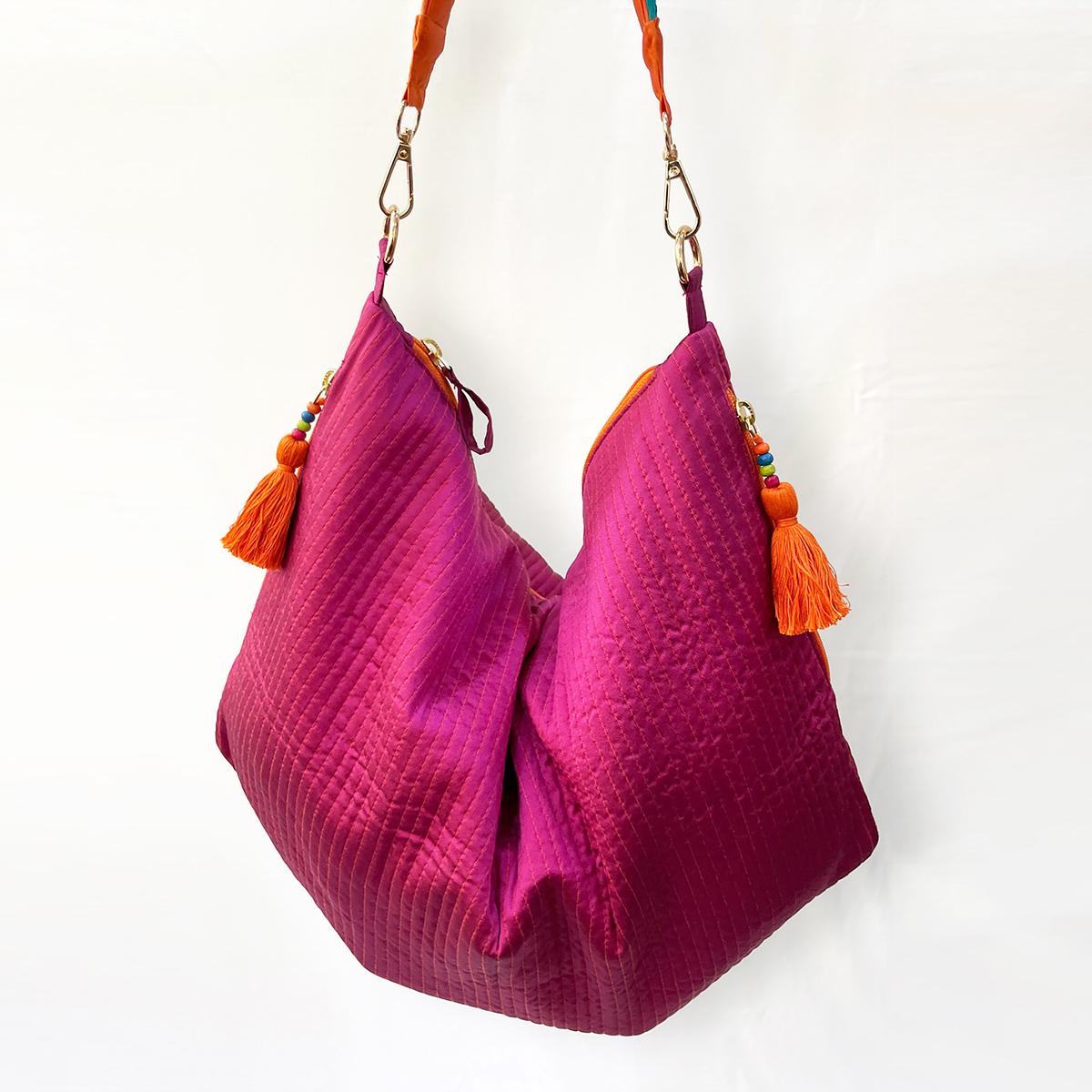 Faux Silk quilted HOBO Bag, Hot pink, hand embroidered handle, Gift for her