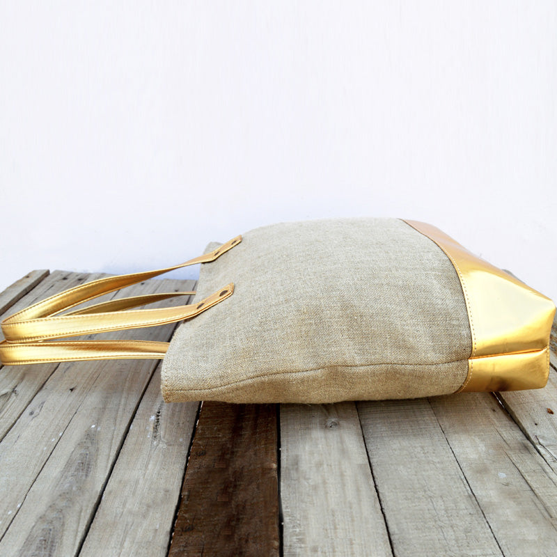 Tote bag, natural linen with gold faux leather, classic everyday bag.