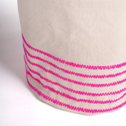 Storage basket, embroidered, bright pink acrylic wool on canvas fabric, laundry hamper, fabric bucket, sizes available