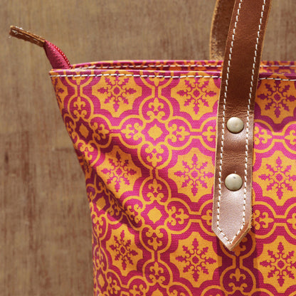 Tote bag, laminated cotton, Orange and pink bag, retro print, leather trims