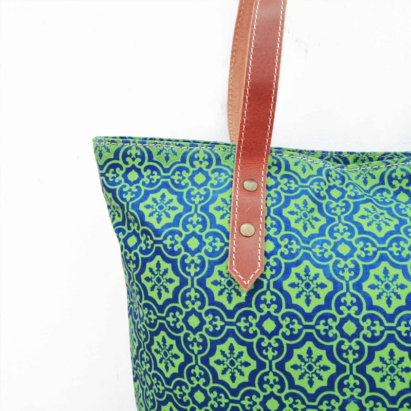 Tote bag, Turquoise laminated cotton large shopping bag