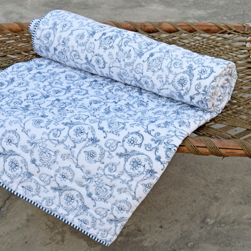 Quilted bedspread, blue swirl print, cotton quilt, victorian print cotton voile quilt