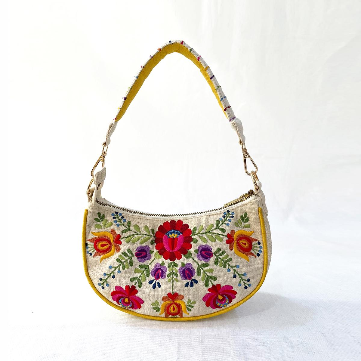 MATYO Small half moon crescent purse, off white Slub cotton with multicoloured embroidery