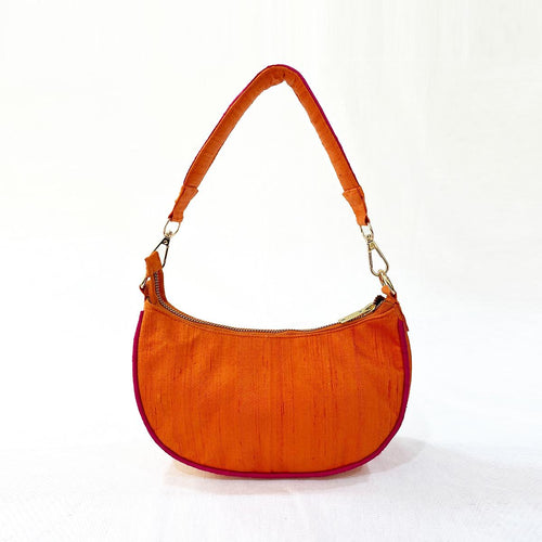 Crescent Half Moon Silk Party Purse | Tangerine & Hot Pink | Pure Silk Dupion