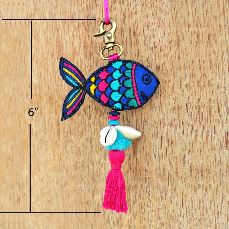 Fish tassel, multicolour and handmade, boho bag charm, tribal, bohemian, size 6 inches or 15 cms