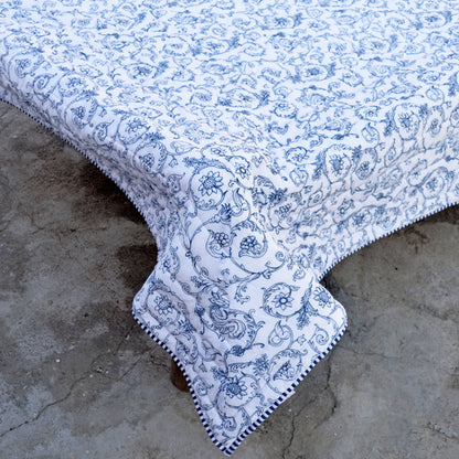 Quilted bedspread, blue swirl print, cotton quilt, victorian print cotton voile quilt
