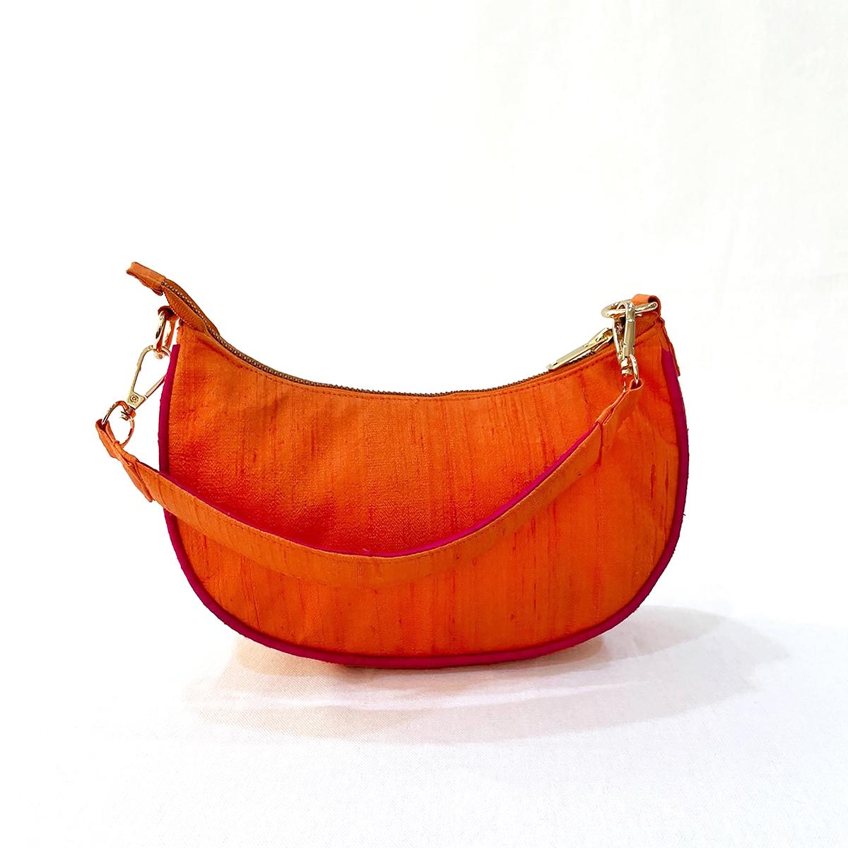 Small half moon crescent purse, pure silk, Tangerine and hot pink colour