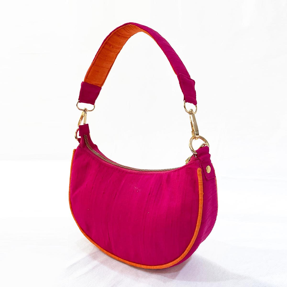 Small half moonSmall half moon crescent purse, pure silk, hot pink & tangerine colour