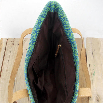 Tote bag, Turquoise laminated cotton large shopping bag