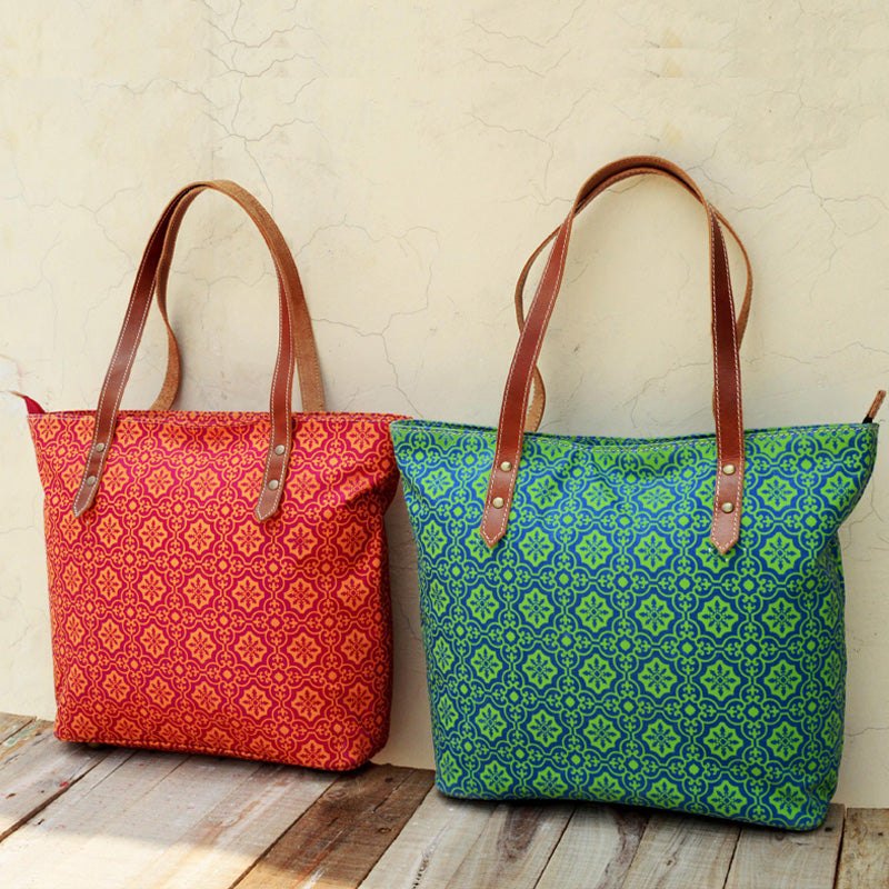 Tote bag, Turquoise laminated cotton large shopping bag