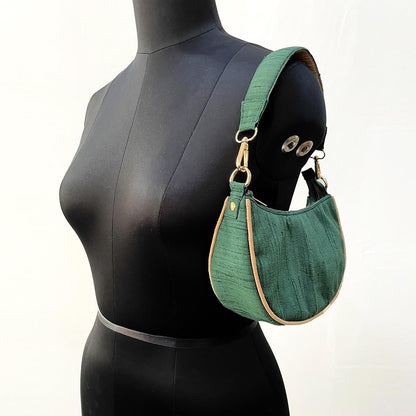 Small half moon crescent purse, pure silk, Bottle Green & Beige colour