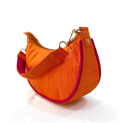 Small half moon crescent purse, pure silk, Tangerine and hot pink colour