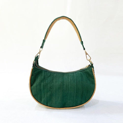Crescent Half Moon Silk Party Purse | Bottle Green & Beige | Pure Silk Dupion