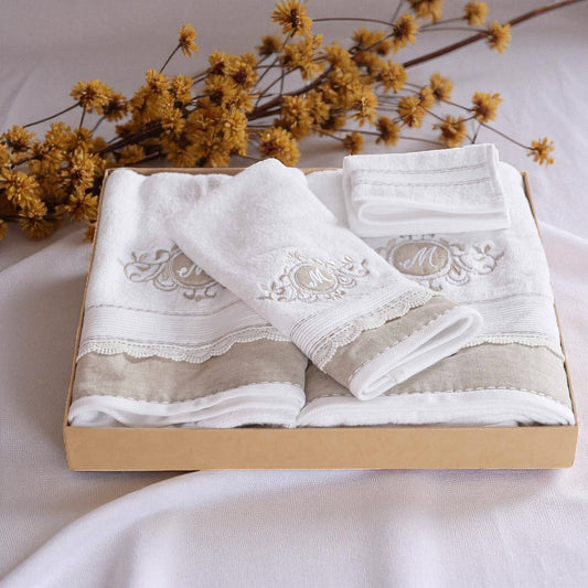GIFT PACK - Luxury Towel Set – 4 Pieces | Customizable with Monogram | Linen Appliqué and Embroidery