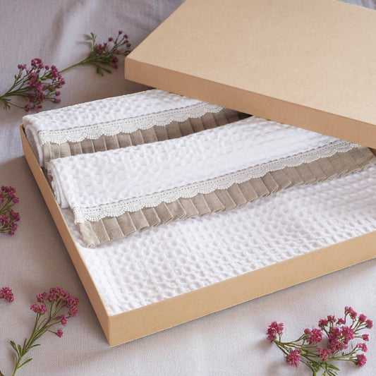 GIFT PACK - Luxury Organic Cotton Waffle Towel Set – 3 Piece | Gathered Linen & Lace Trim