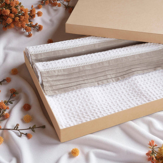 GIFT PACK - Luxury Organic Cotton Waffle Towel Set – 3 Piece | Pintuck Linen & Lace Trims